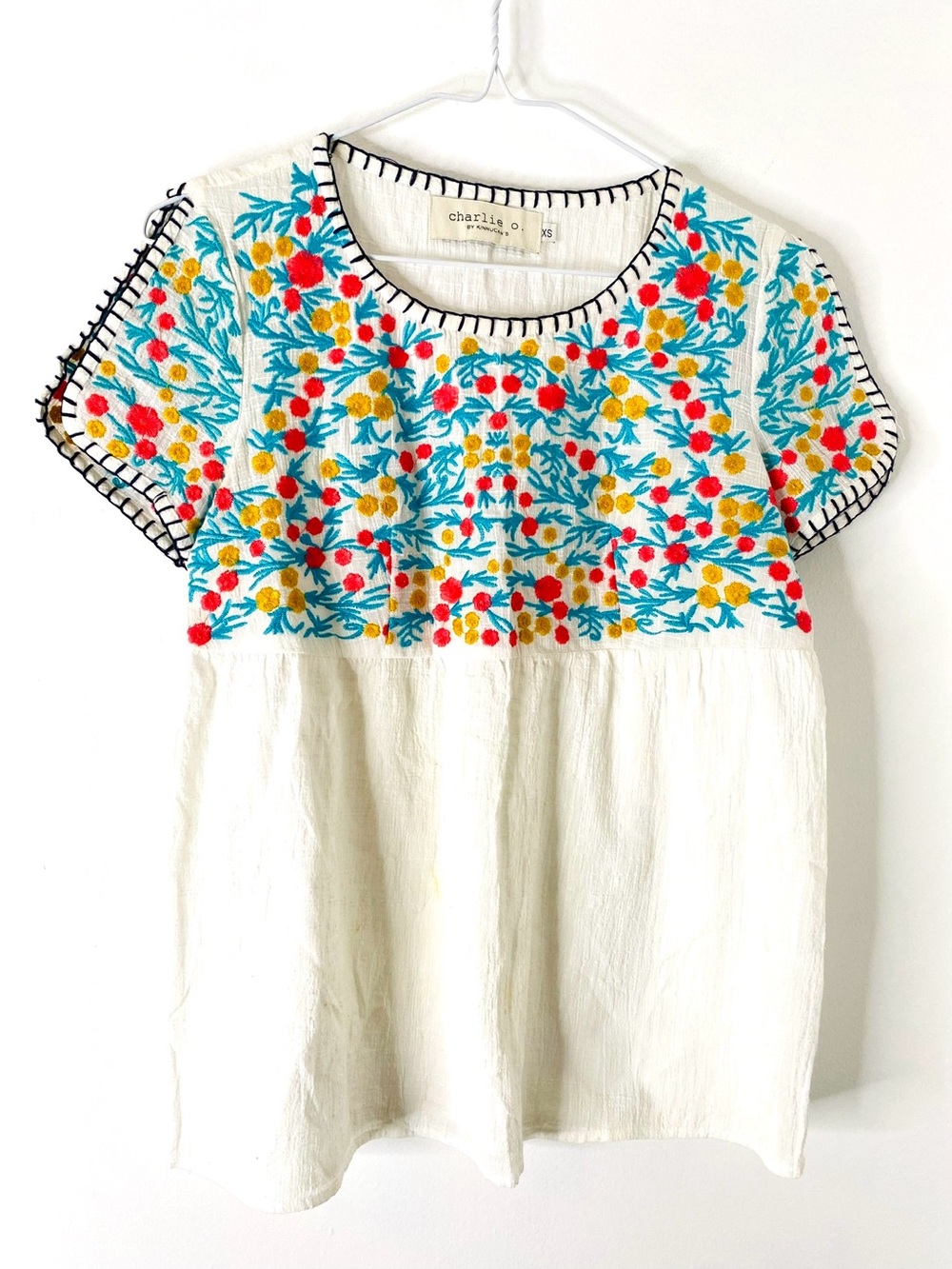 Embroidered Cotton Boho Peasant Top Floral Ivory